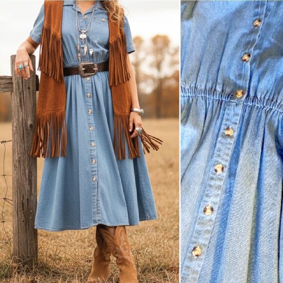 Vintage Dresses & Skirts - VTG 90s Blue Denim Button Front Short Sleeve Jean Midi Dress SZ Medium